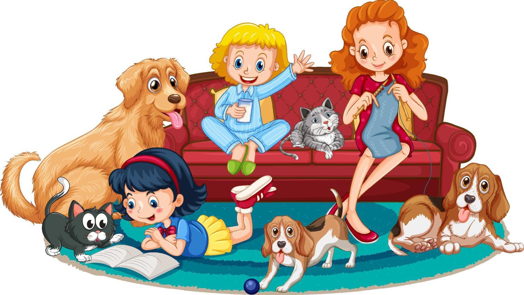 Mother and daughter sitting on a sofa with their pets vector
