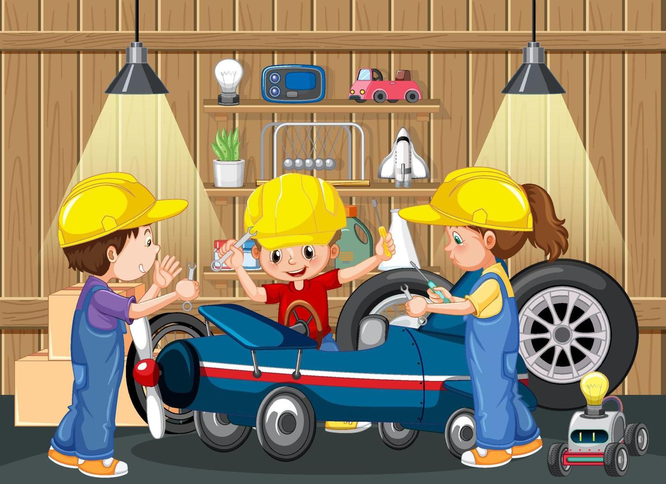 Escena de garaje con niños arreglando un coche juntos. vector