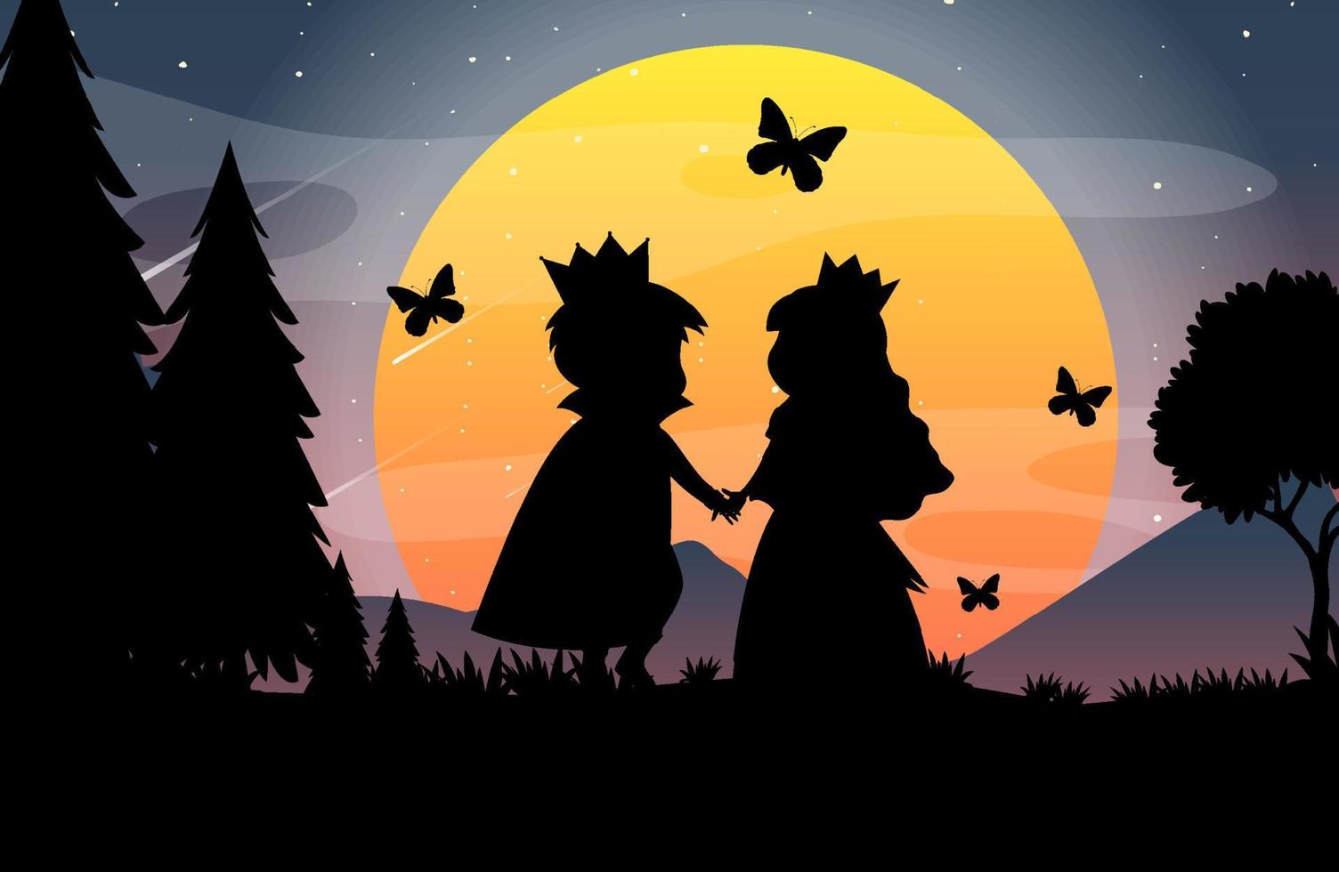 Halloween night background with prince and princess silhouette vector