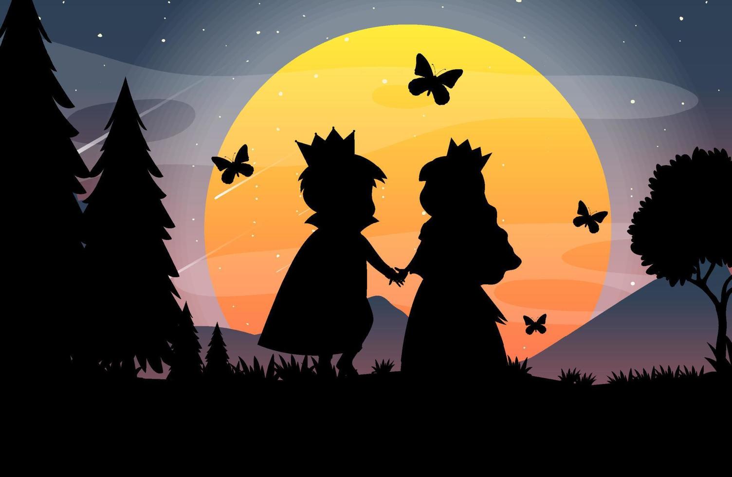 Fondo de noche de halloween con silueta de príncipe y princesa vector