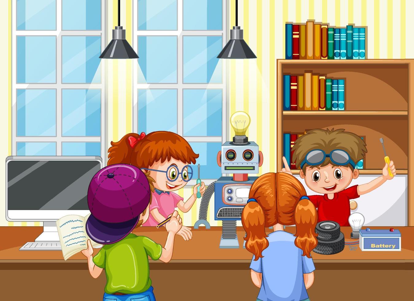 Children fixing a robot together in the room scene vector