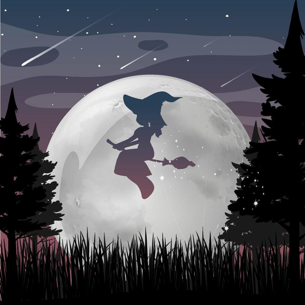 Halloween night background with witch silhouette vector