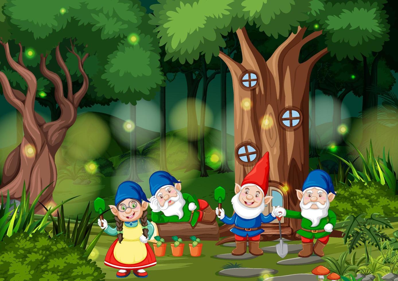 Escena de bosque de fantasía con familia de gnomos. vector