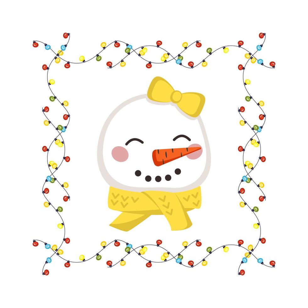 Cute snowman in scarf and bow in childish style with frame made of festive garlands with lights. Funny character with happy face. Vector flat illustration for holiday and new year