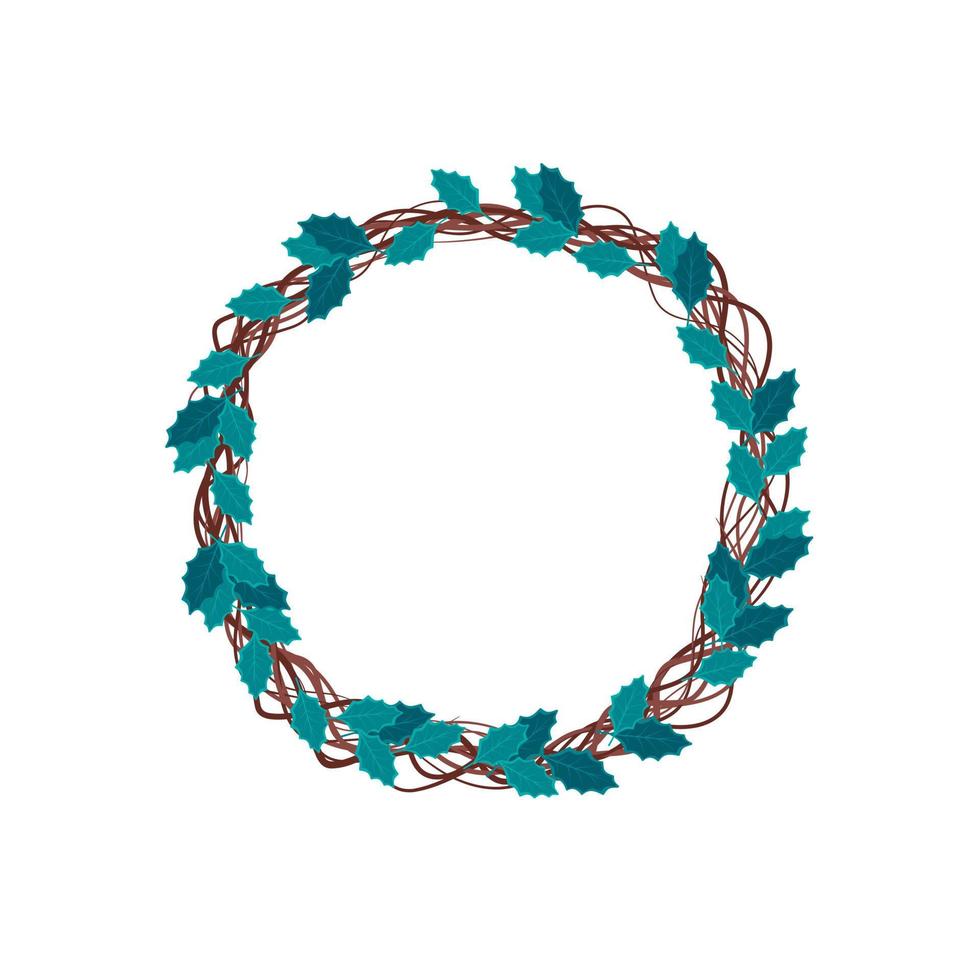 Round Christmas wreath of woven branches and blue holly leaves. Festive decoration for the New Year and interior decor vector