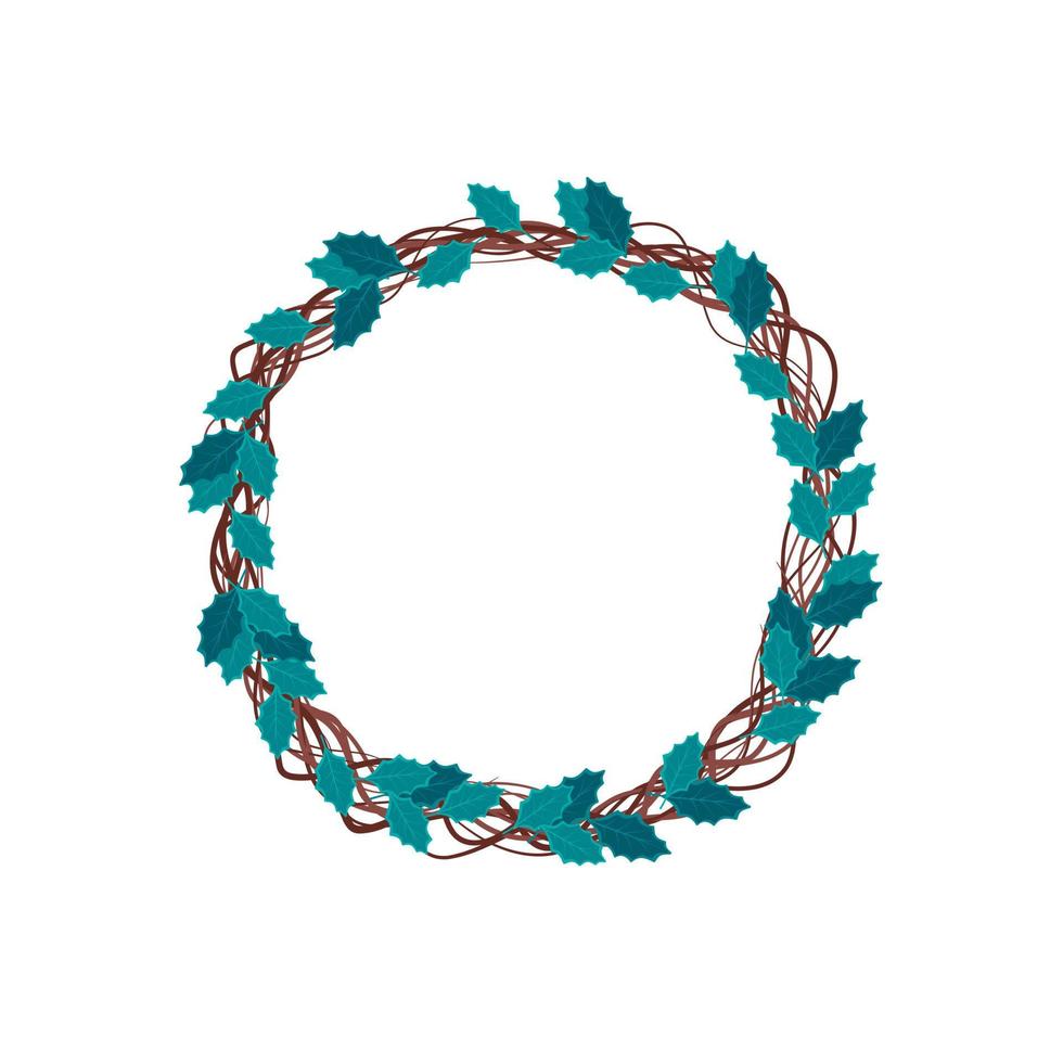 Round Christmas wreath of woven branches and blue holly leaves. Festive decoration for the New Year and interior decor vector