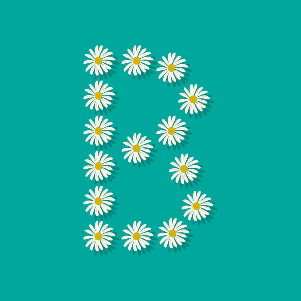 Letter B from white chamomile flowers. Festive font or decoration for spring or summer holiday and design. Vector flat illustration