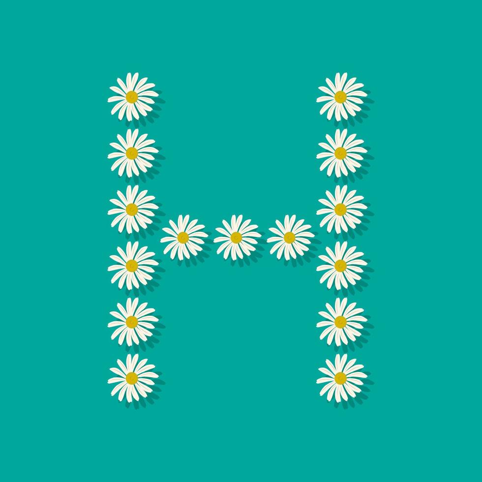 Letter H from white chamomile flowers. Festive font or decoration for spring or summer holiday and design. Vector flat illustration