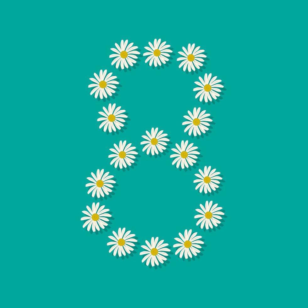 Number eight from white chamomile flowers. Festive font or decoration for spring or summer holiday and design. Vector flat illustration