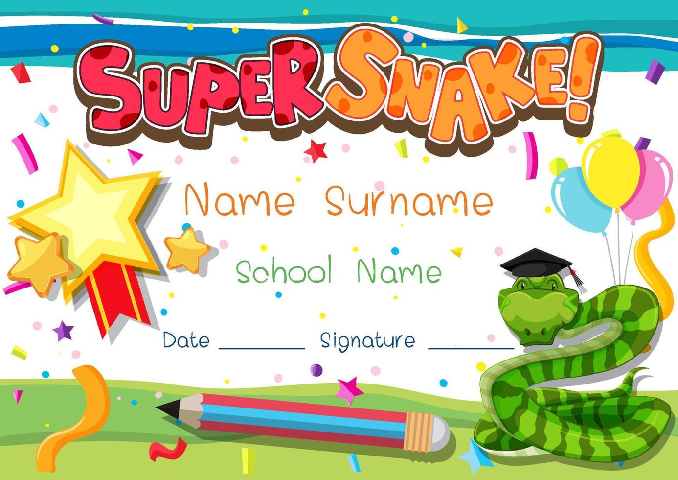 Diploma or certificate template for school kids with super snake vector