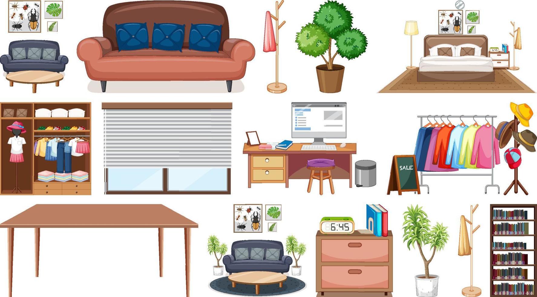 Set of interior furniture and decorations vector