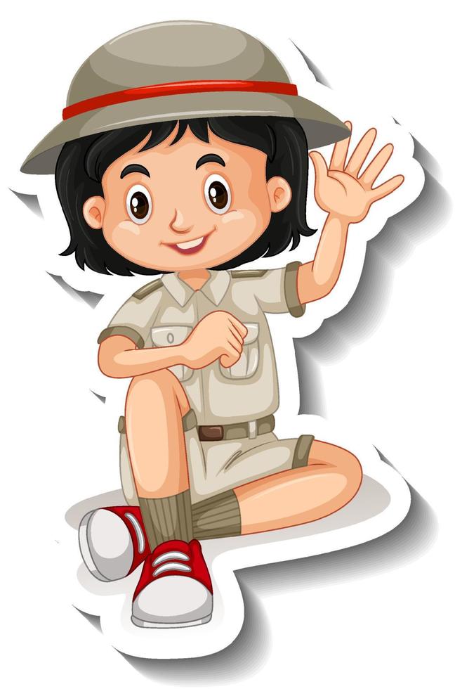 Girl in safari outfit cartoon character sticker vector