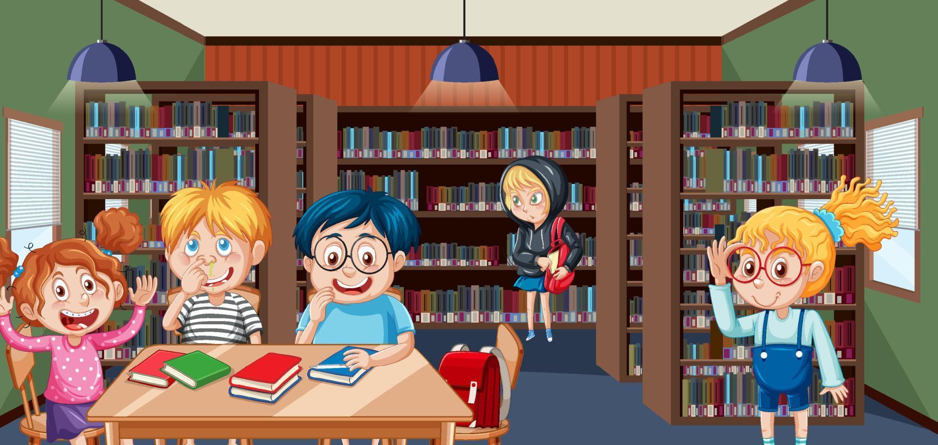 niños en la escena de la biblioteca de la escuela vector