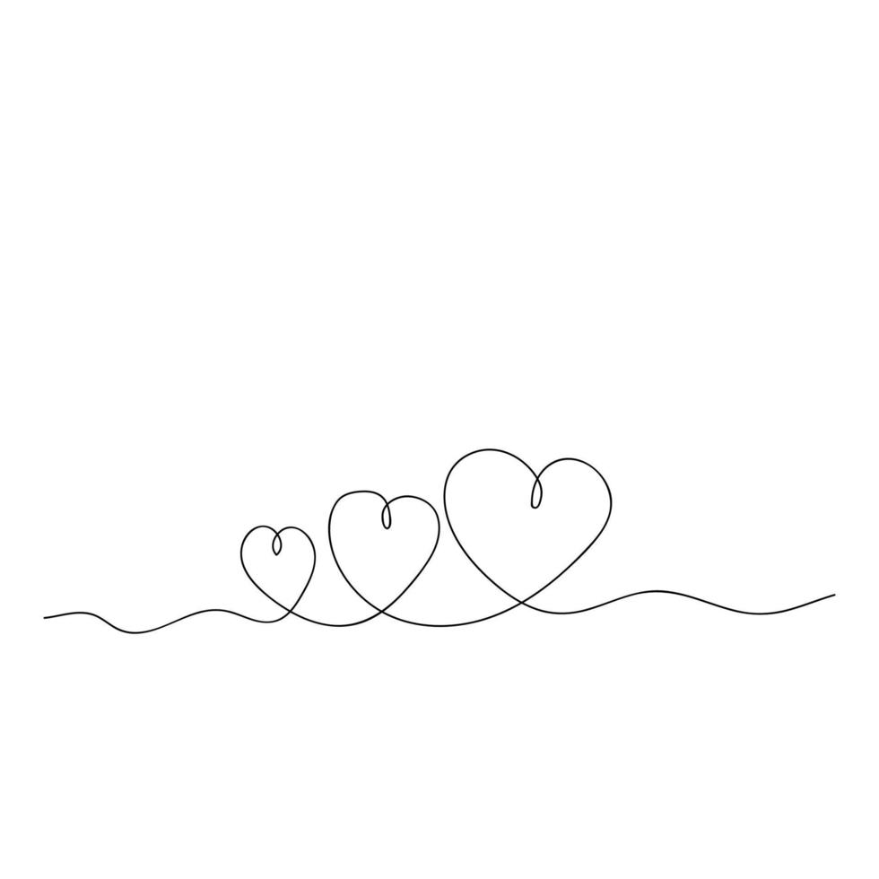 tres corazones dibujados por una línea. humano enamorarse. ilustración vectorial simple. vector