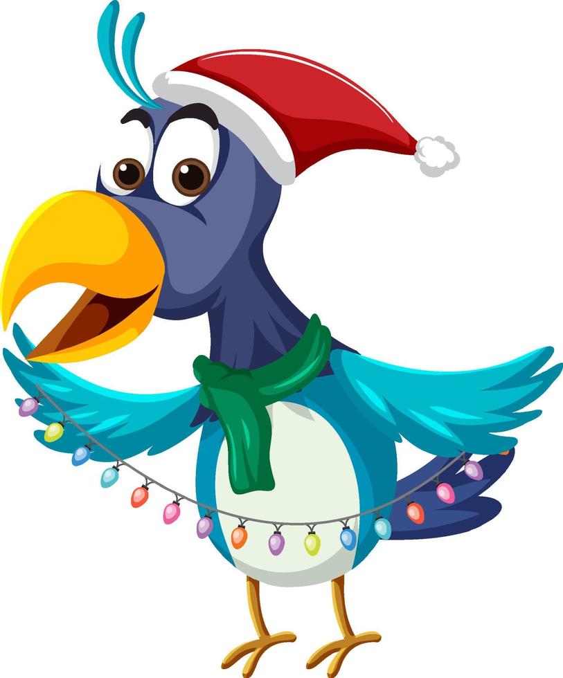 pájaro azul con sombrero de navidad personaje de dibujos animados vector