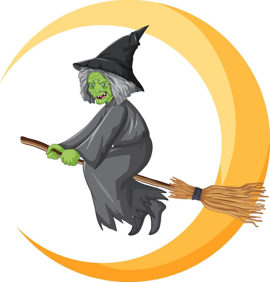 Old witch riding broomstick with crescent moon vector