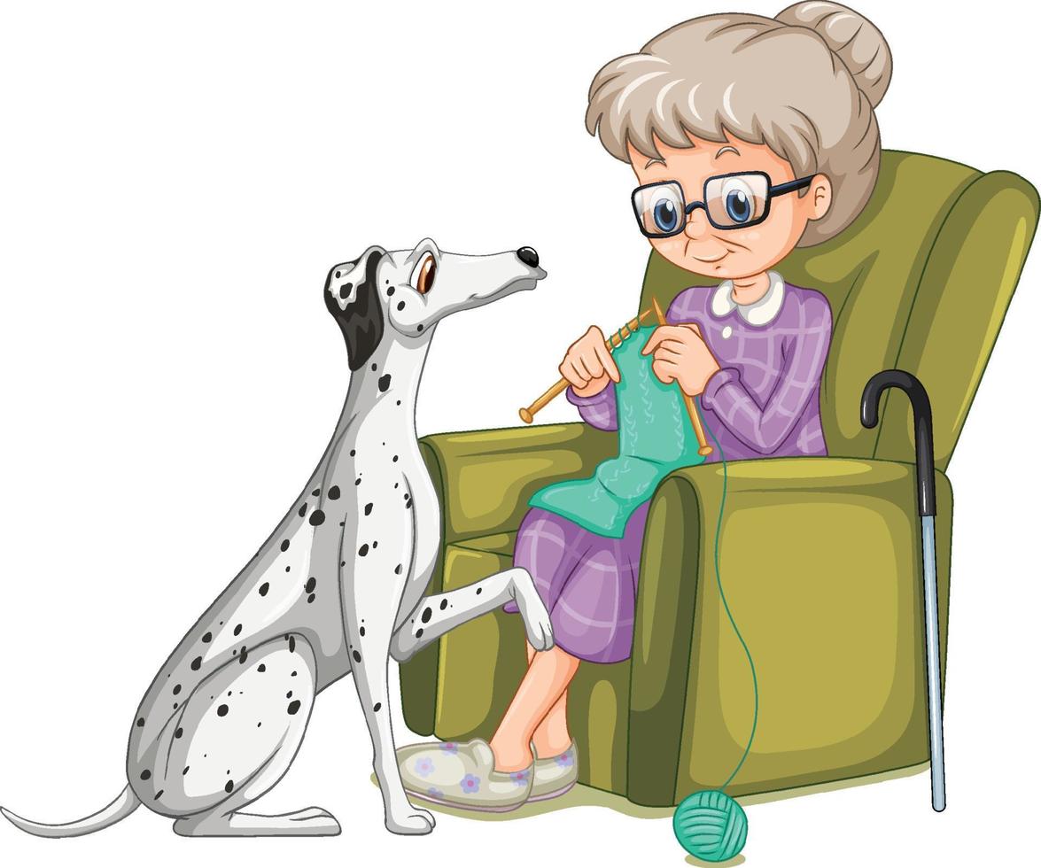 abuela tejiendo con perro dálmata vector