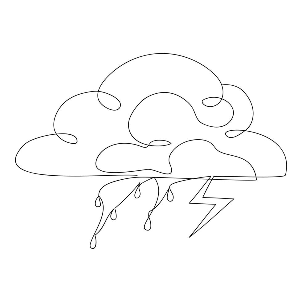Clouds with rain and lightning drawn in one line. Sketch. Modern art weather. Isolated. Vector illustration in minimal style.