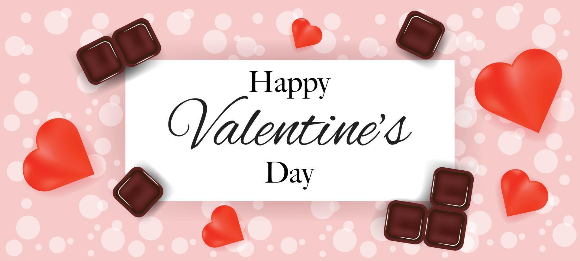 Happy Valentine's Day banner with chocolate and hearts on pink background. Valentine's Day concept illustration. For banner, poster, card, invitation, sale, advertisement. Vector template.