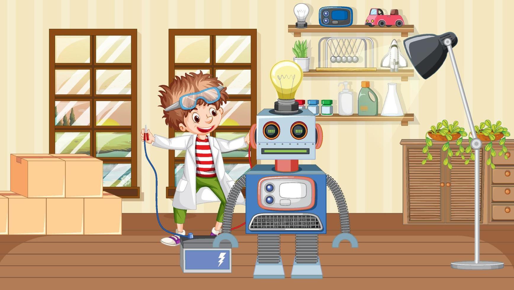 Children fixing a robot together in the room scene vector