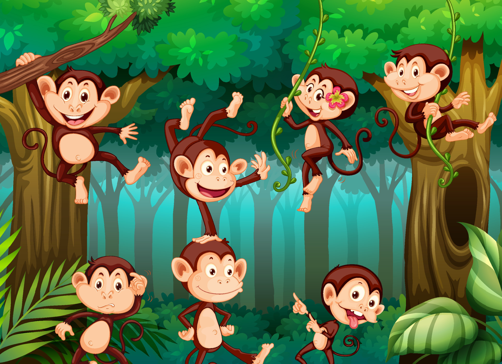 Many monkeys cartoon character playing in the jungle 4760755 Vector Art at  Vecteezy