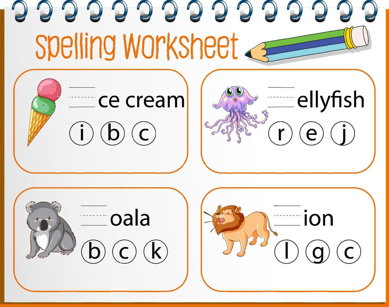 Spelling worksheet template for kids vector