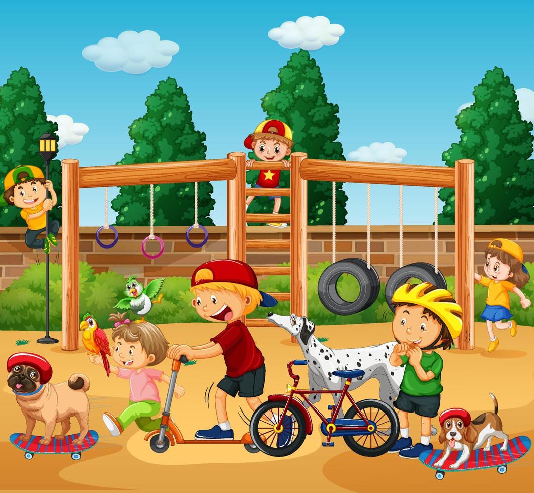 Escena del patio de recreo con niños jugando con sus animales. vector