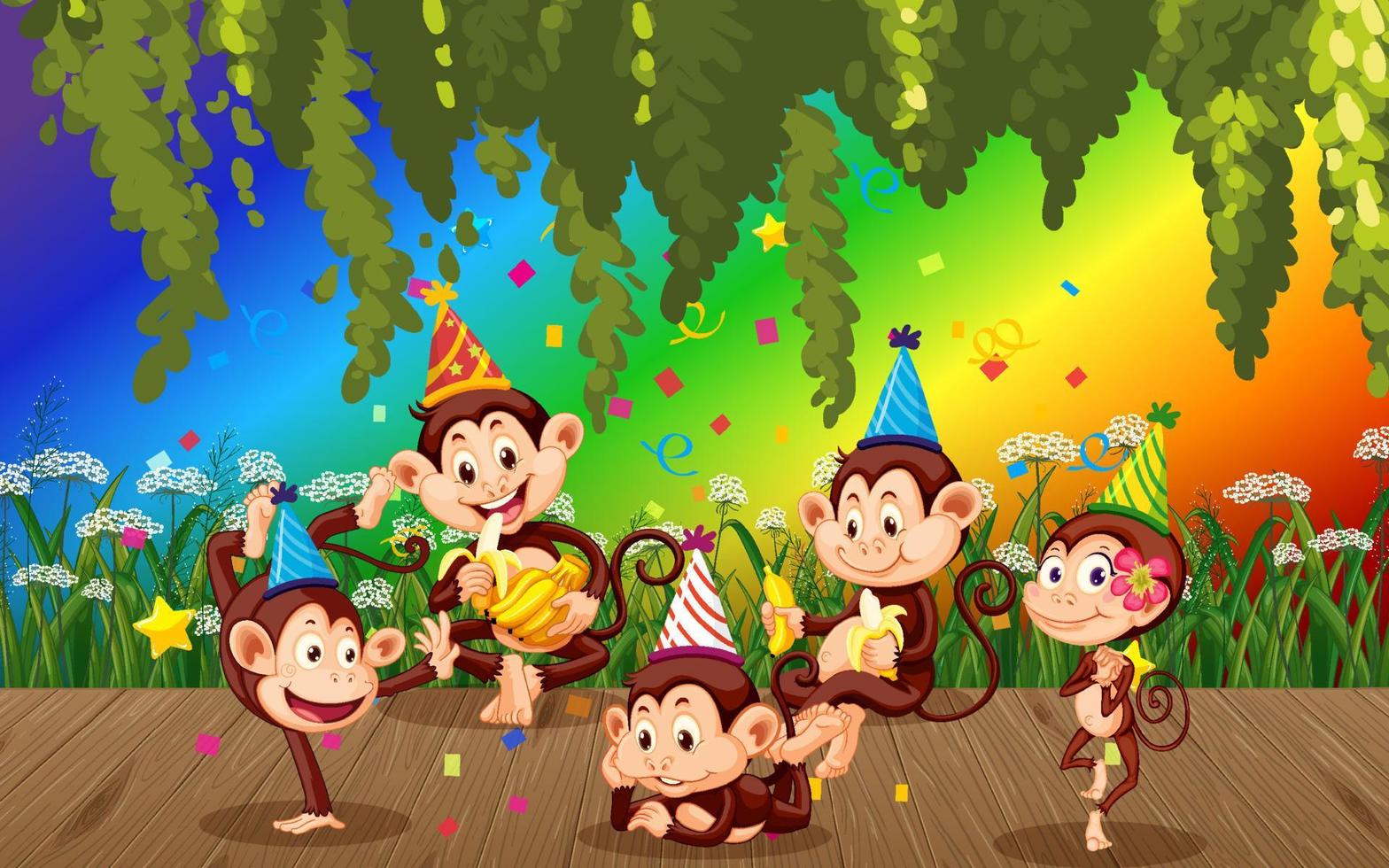 monos felices en el bosque sobre fondo de arco iris degradado vector