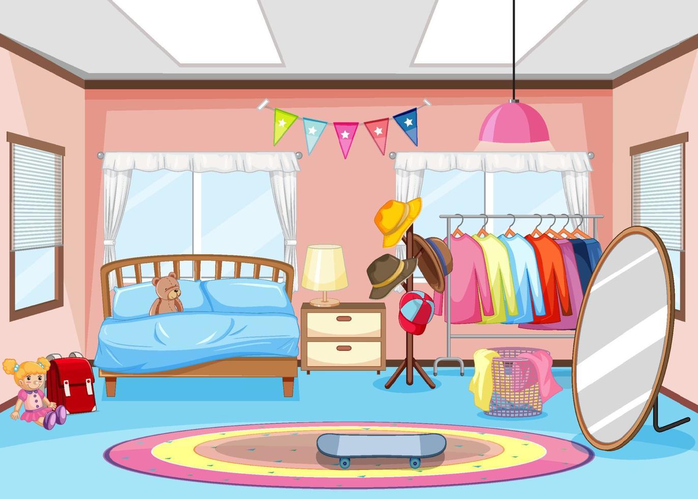 Girl bedroom interior scene with clothes rack vector