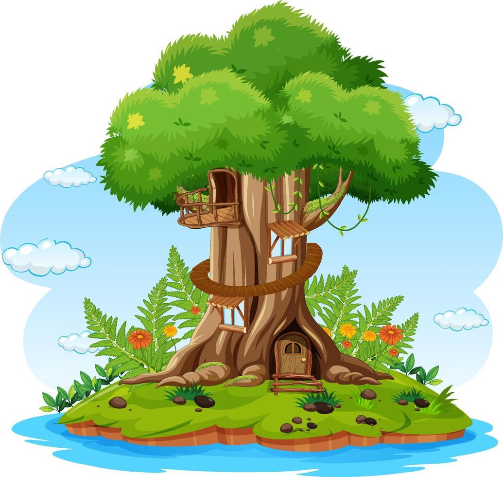 Fantasy tree house inside tree trunk on white background vector