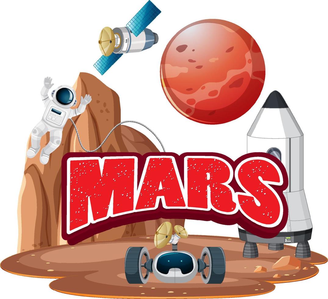 Mars word logo design with Astronaut and Spaceship vector