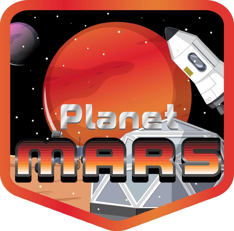 Planet Mars word logo design with space station vector