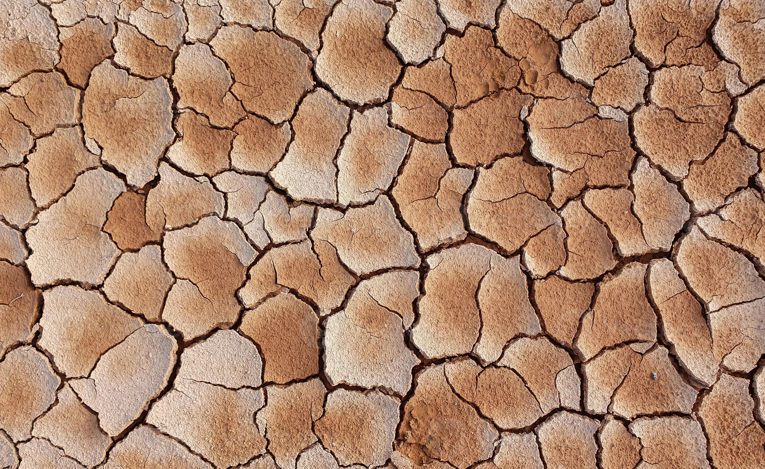 Ground cracked due to drought. Dry season causes the soil to dry and