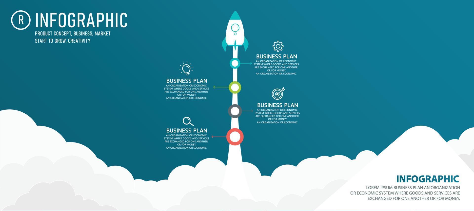 Rocket launch infographic with vector data icon, 4 step options. Abstract art rocket and paper asterisk on blue background. can be used for planning business process banner