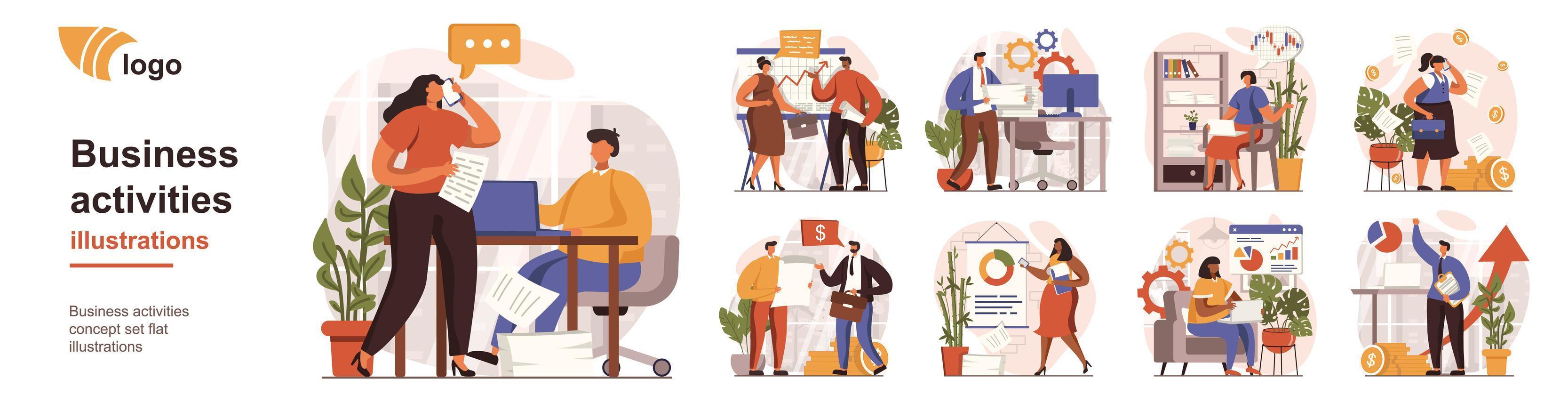 Business activities concept isolated person situations. Collection of scenes with people perform tasks, analyze data, develop project, success strategy. Mega set. Vector illustration in flat design