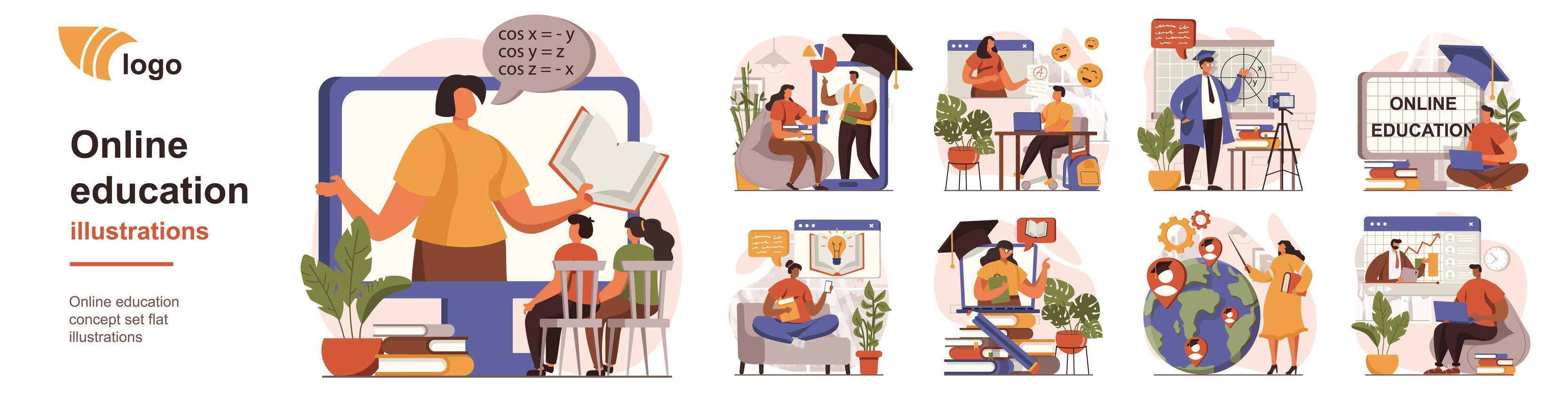 Online education concept isolated person situations. Collection of scenes with people learn from video lessons, watch seminars, trainings and webinars. Mega set. Vector illustration in flat design