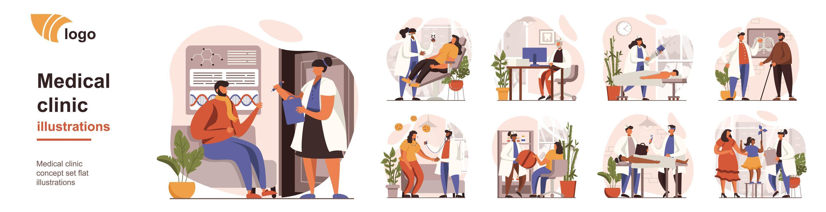 Medical clinic concept isolated person situations. Collection of scenes with people visits different doctors, consultations, diagnostics and treatment. Mega set. Vector illustration in flat design