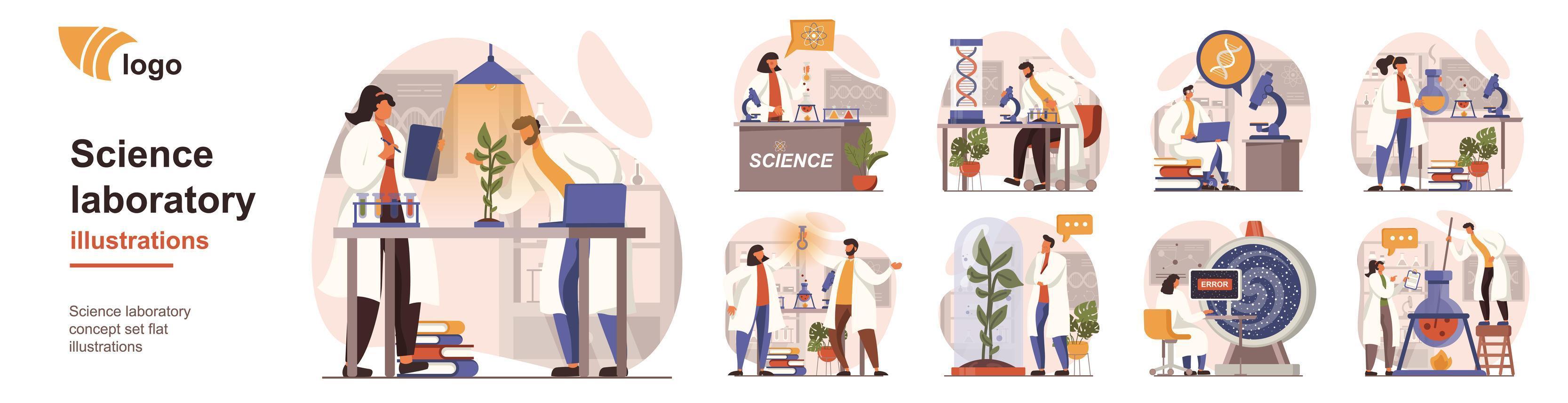 Science laboratory concept isolated person situations. Collection of scenes with people scientists make scientific research, and tests, discoveries in lab. Mega set. Vector illustration in flat design