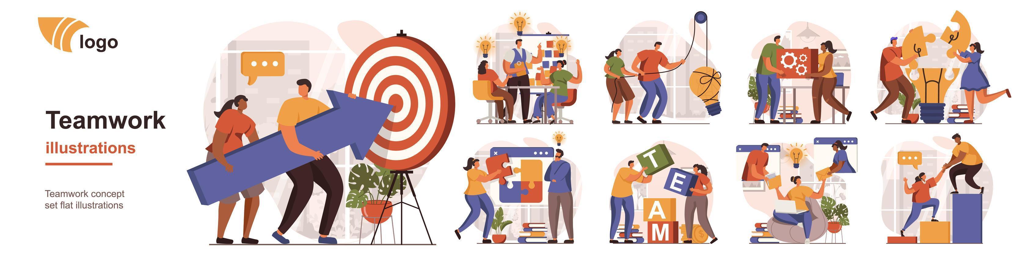 Teamwork concept isolated person situations. Collection of scenes with people collaborate, generate ideas, targeting, leadership, achieve business goals. Mega set. Vector illustration in flat design