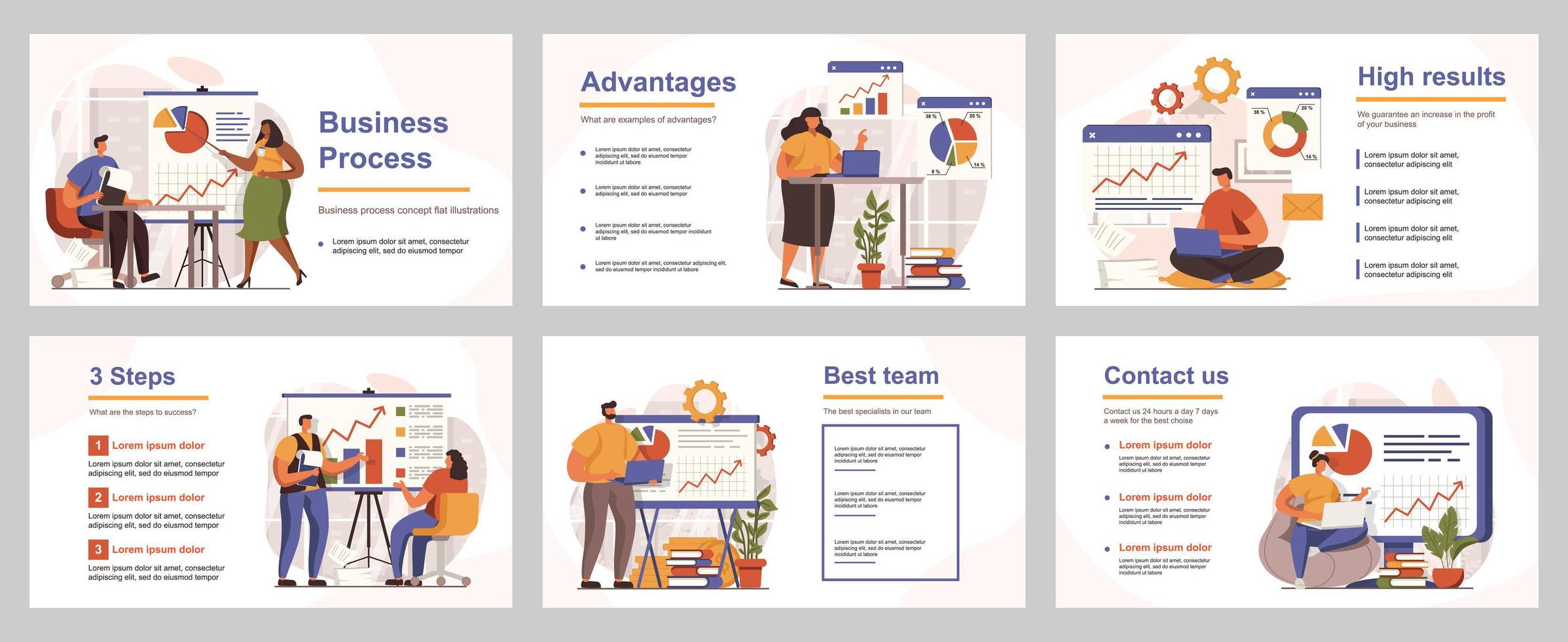 Business process concept for presentation slide template. People analyze data, create success strategy, colleagues collaborate and leadership. Vector illustration with flat persons for layout design
