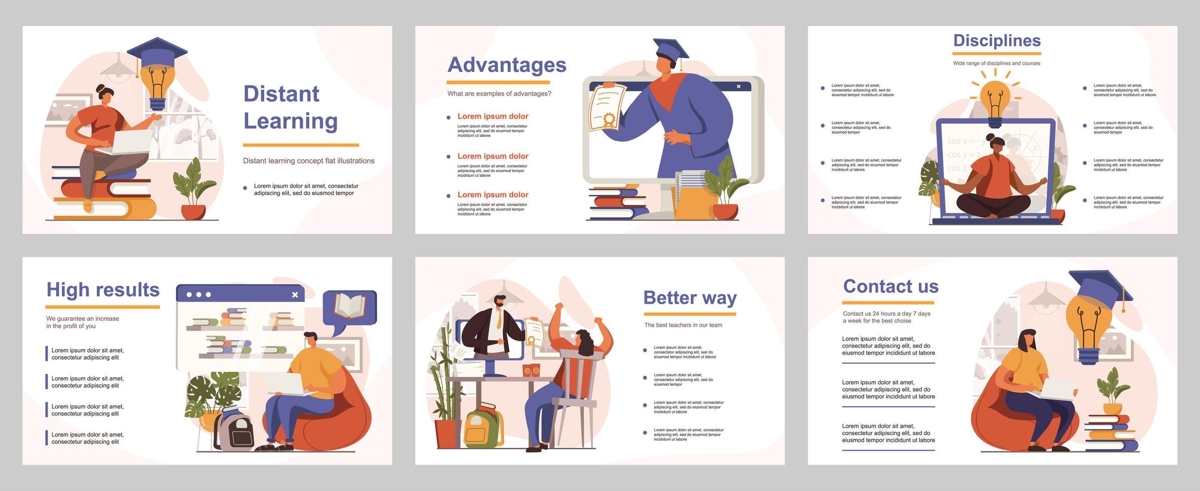 Distant learning concept for presentation slide template. People studying online, students watch webinars and video lessons, take courses. Vector illustration with flat persons for layout design
