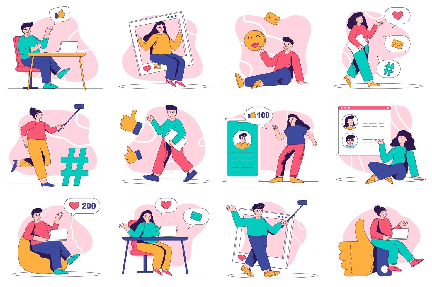 Social media concept isolated person situations. Collection of scenes with people users post photos, comment, likes, write blog posts, communicate online. Mega set. Vector illustration in flat design