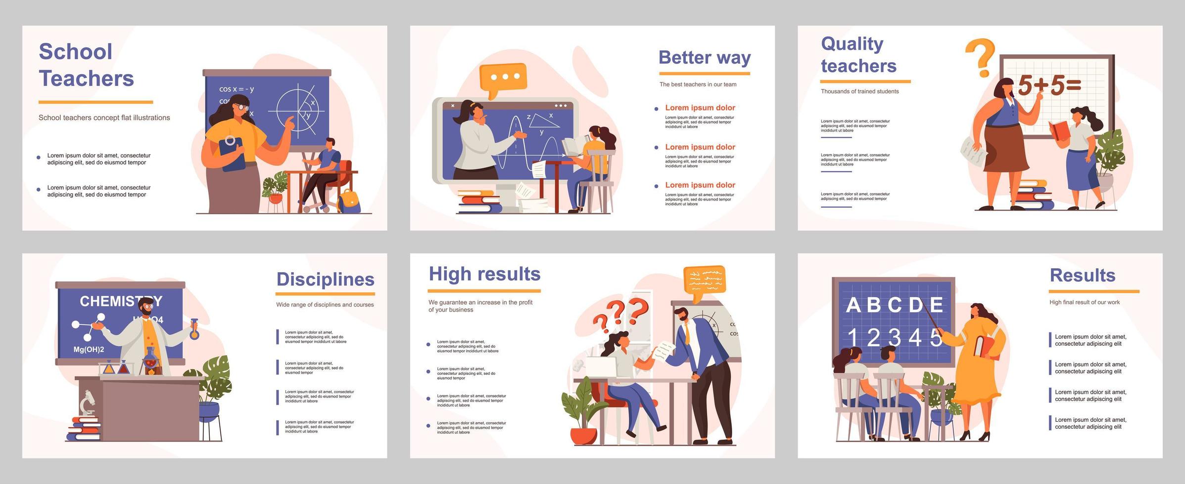 School teachers concept for presentation slide template. People teach different lessons, explaining teaching material to pupils in classroom. Vector illustration with flat persons for layout design