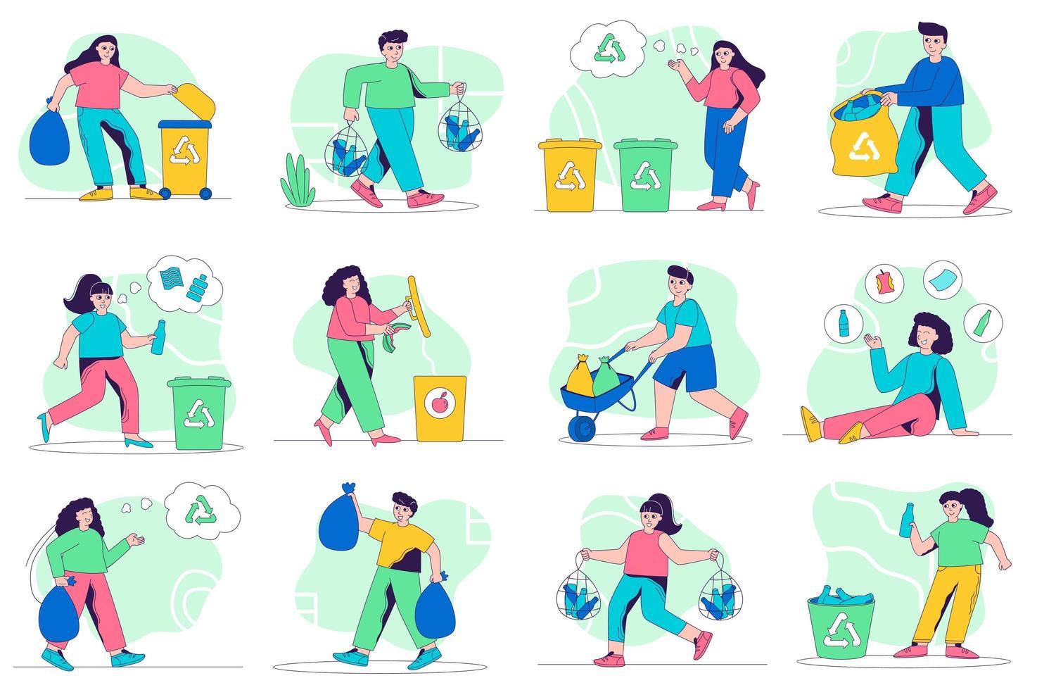 Waste management concept isolated person situations. Collection of scenes with people collect garbage, sort different types of trash at bins, recycling. Mega set. Vector illustration in flat design