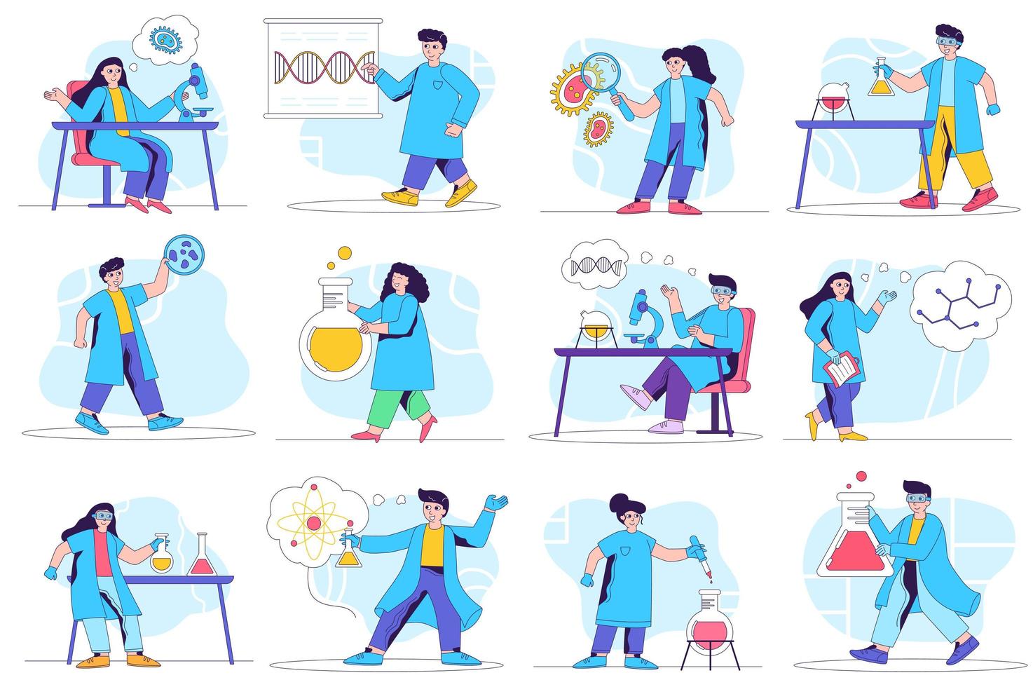 Laboratory concept isolated person situations. Collection of scenes with people make lab tests, study viruses and molecules, make scientific discoveries. Mega set. Vector illustration in flat design