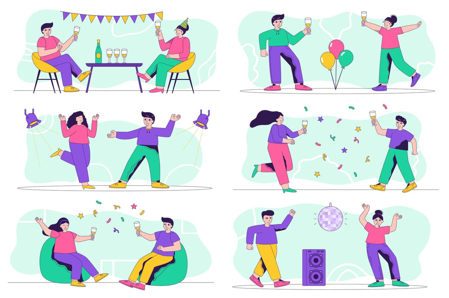 Party concept isolated person situations. Collection of scenes with people having fun at festive event, drinking champagne, dancing in disco nightclub. Mega set. Vector illustration in flat design