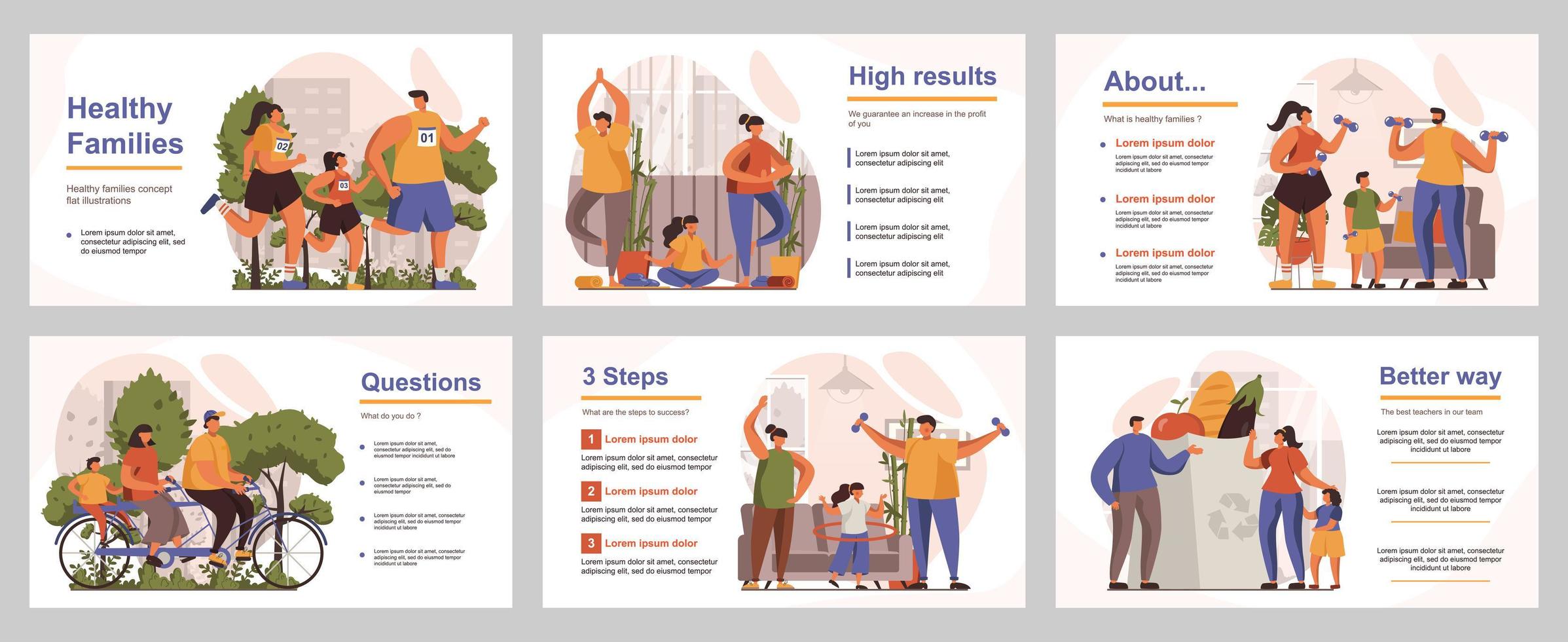 concepto de familias saludables para la plantilla de diapositiva de presentación. la gente compite y tiene un estilo de vida activo, los padres con hijos practican deportes y dieta. ilustración vectorial con personas planas para el diseño de diseño vector