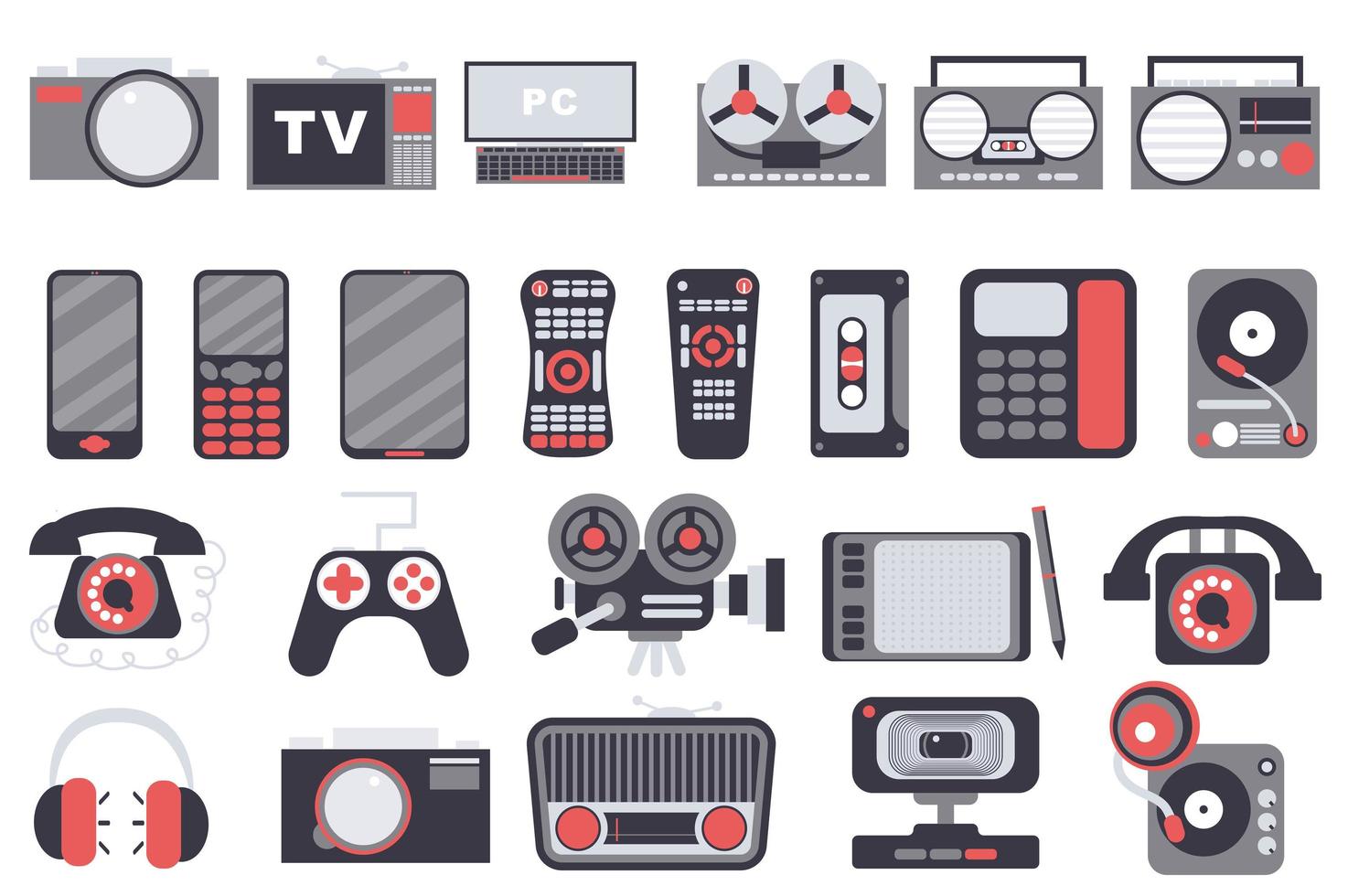Gadgets isolated elements set. Collection of photo camera, tv, computer, tape recorder, radio, smartphone and other. Electronic device shop compositions. Vector illustration in flat cartoon design