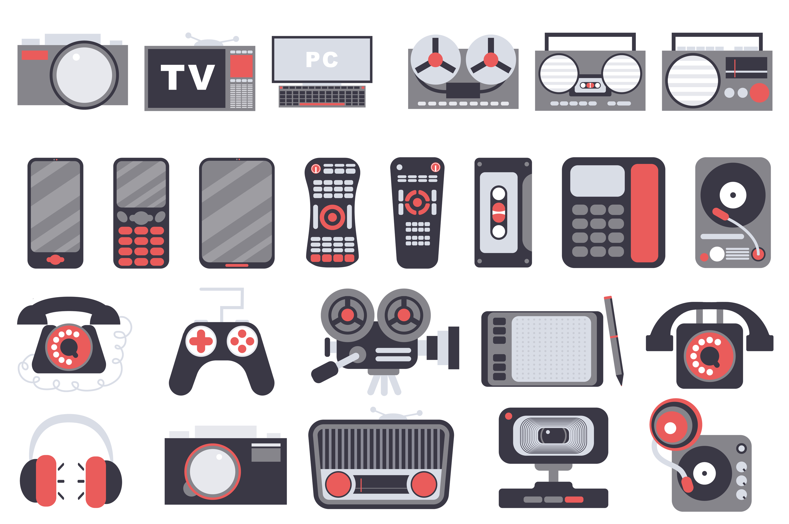 Gadgets isolated elements set. Collection of photo camera, tv, computer