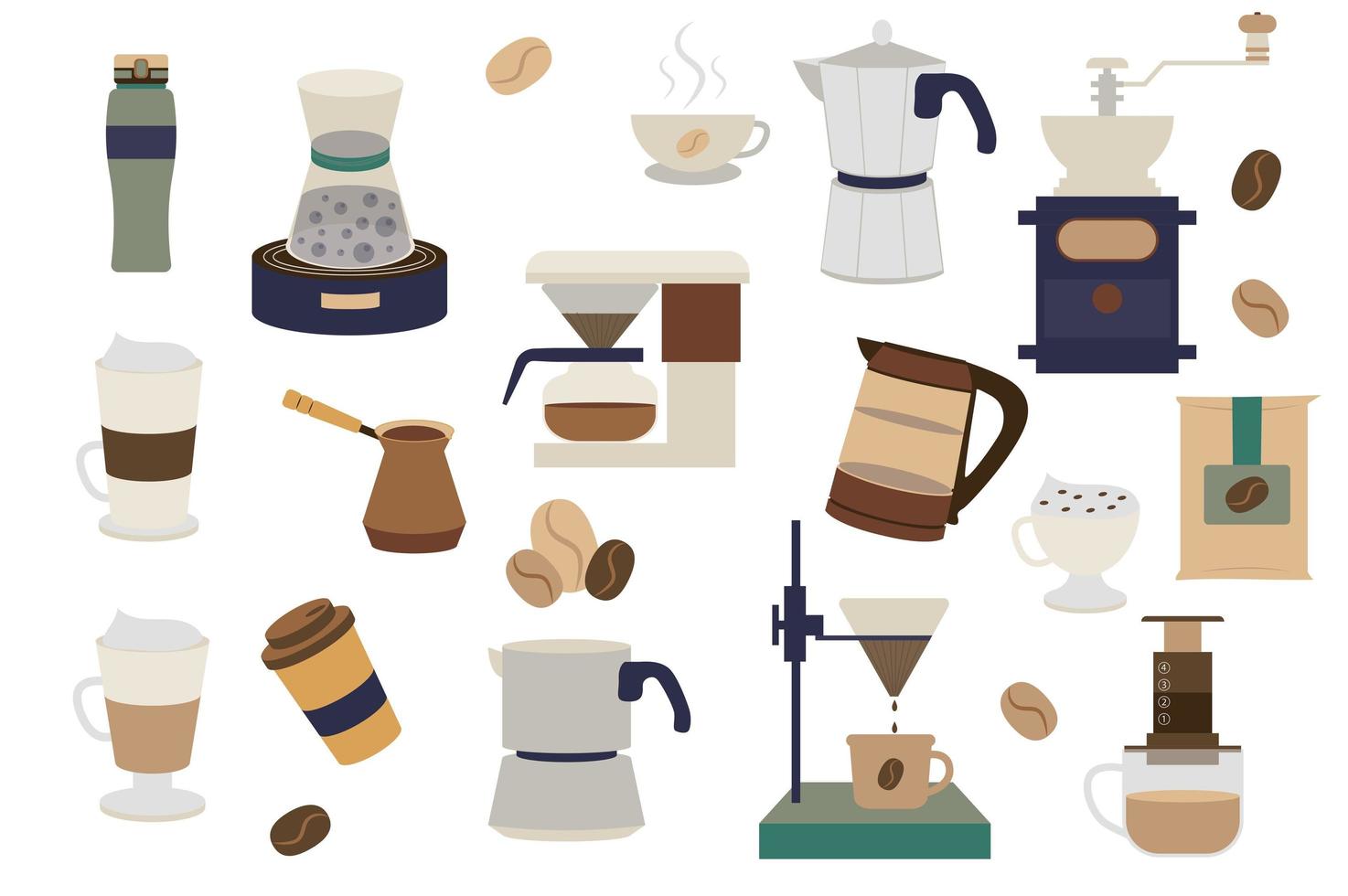 Coffee isolated elements set. Collection of different types of coffee drinks in mugs and equipment for preparation. Assortment of shop or cafe compositions. Vector illustration in flat cartoon design